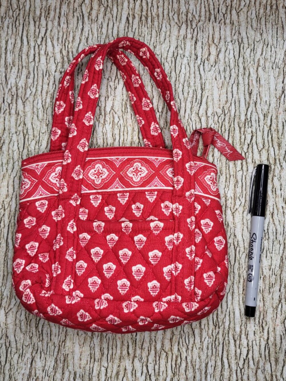Vera Bradley Mini Quilted Tote with Top Zip/Double Handles, Red patterned print.